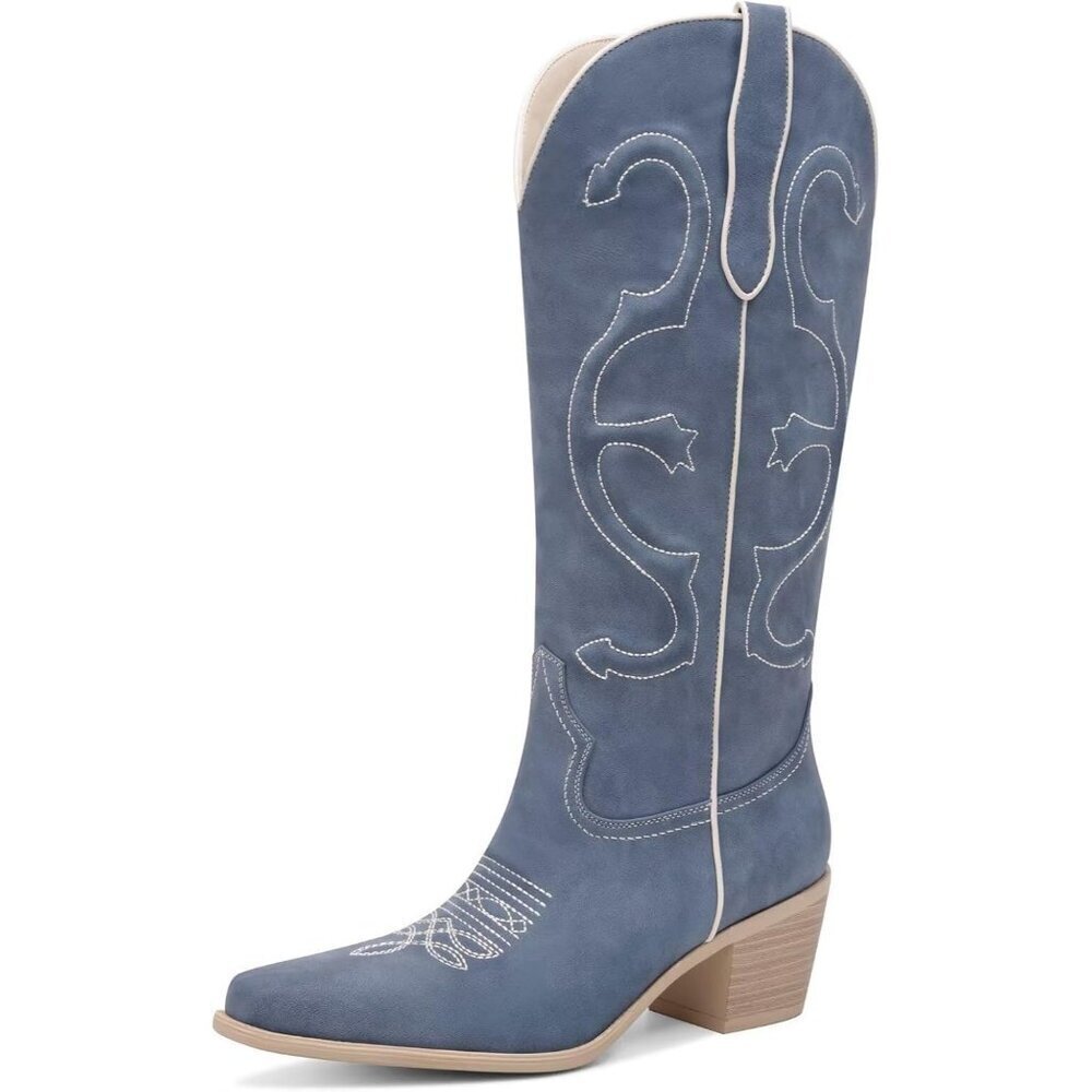 Women's Blue Mid Calf Cowgirl Pointed Toe Chunky Heel Fashion Cowboy Boots